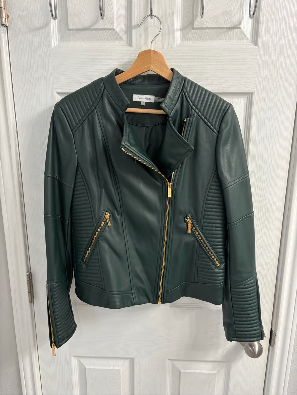 Calvin Klein Women's Dark Green Moto Jacket with Gold Accents